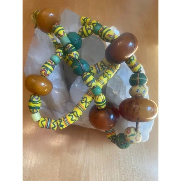 Vintage African Trade Bead Necklace Faux Amber Millefiori Glass Ethnic Bohemian - Picture 2 of 12